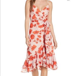 eliza j floral print faux wrap chiffon dress in blush size 2